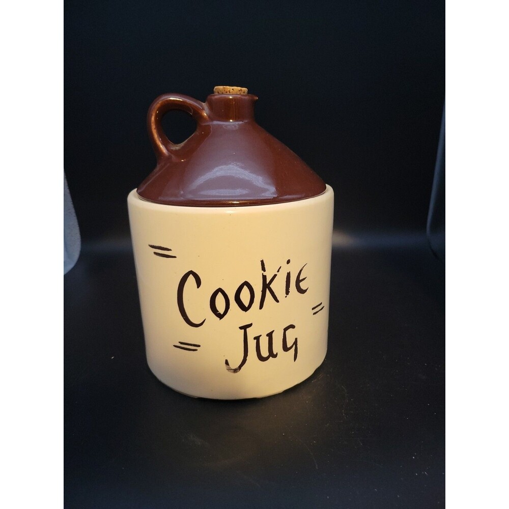 Old Whiskey Jug Style Cookie Jar with Lid Vtg Pottery Funny Moonshine Man Cave
